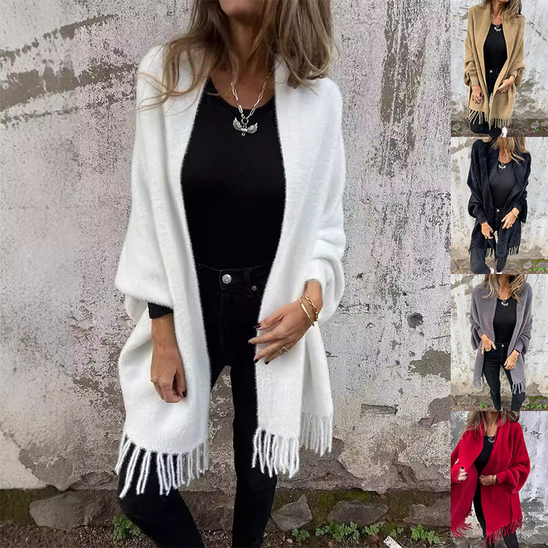 Tassel Knit Cardigan – Batwing Sleeve Loose Fit Shawl