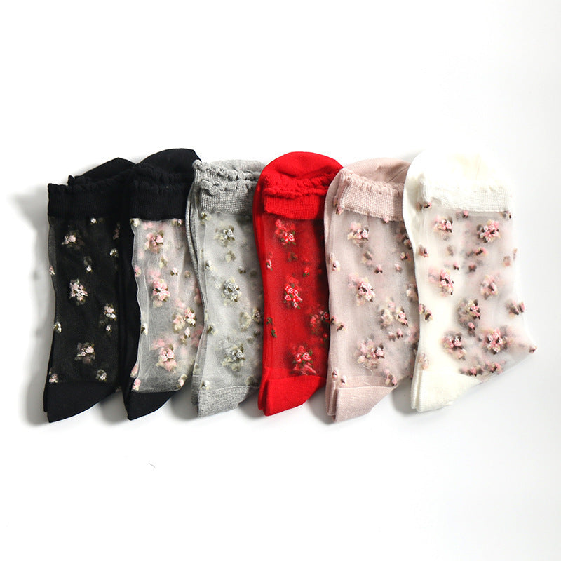 Women’s Jacquard Crystal Crew Socks – Elegant Sheer Design