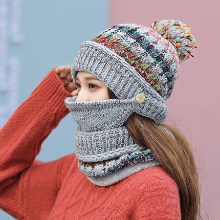 Korean Winter Knitted Wool Hat with Scarf – Striped Beanie Set