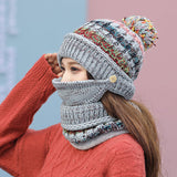 Korean Winter Knitted Wool Hat with Scarf – Striped Beanie Set
