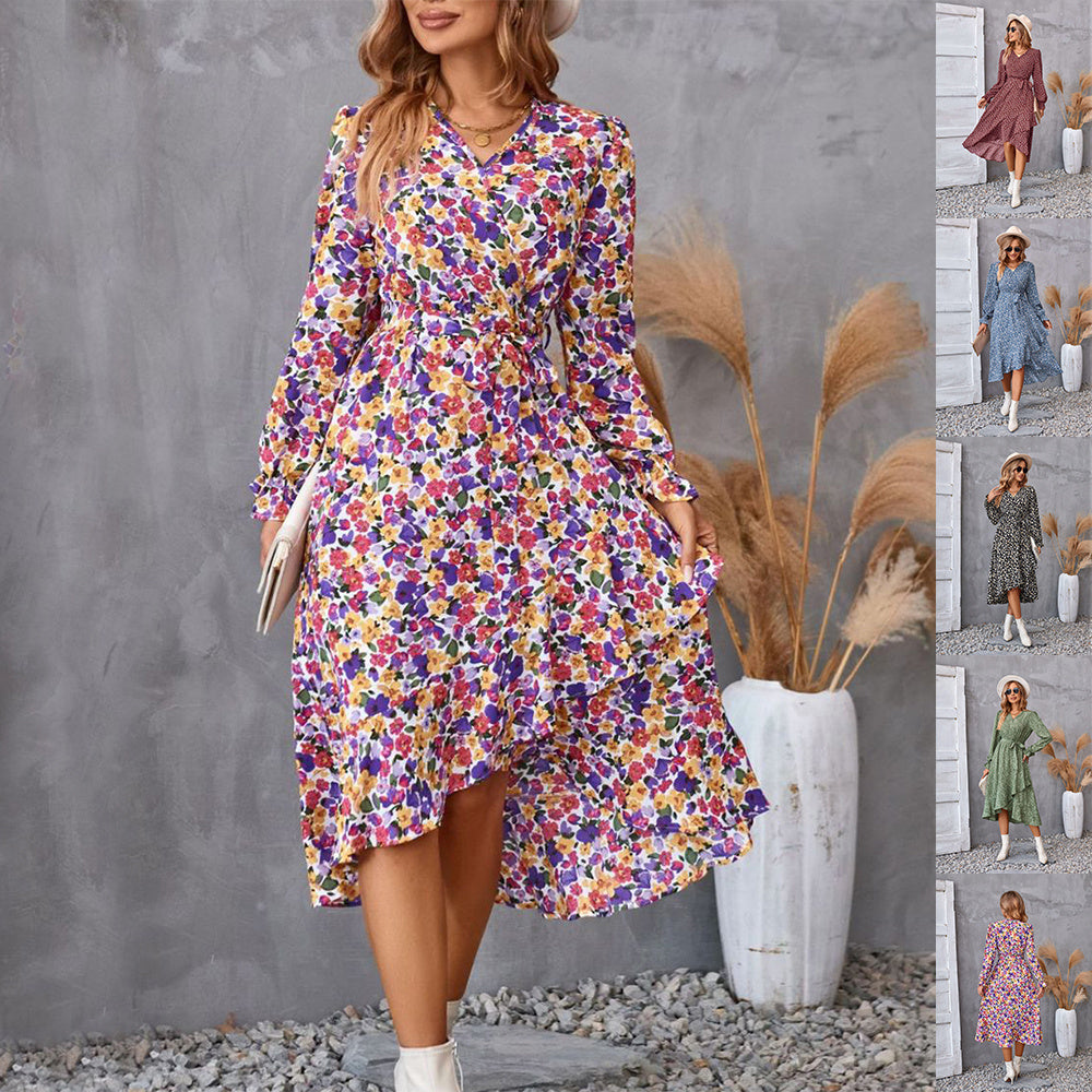 Women’s Floral Print Long Sleeve Ruffled Dress – Elegant Mid-Length