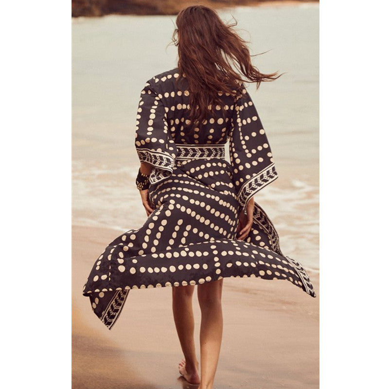 Beach Cardigan Long Sleeve Sun Protection Lace-Up Printing Bikini Cover Up