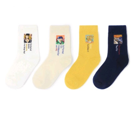 Retro Oil Painting Cotton Socks – Abstract Literary Mid-Tube Design