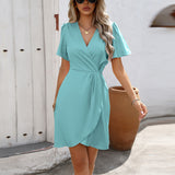 Summer V-neck Short-sleeved Dress Ins Fashion Tight-Waisted Beach Dresses Women's Clothing