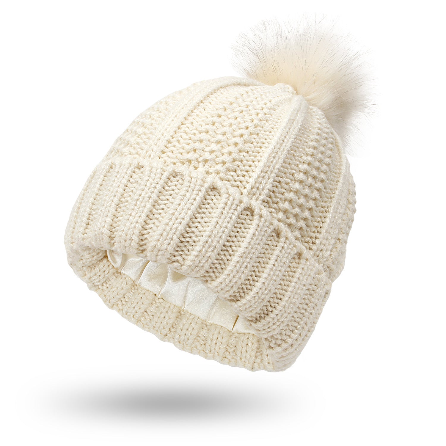 Women’s Satin-Lined Knit Beanie – Winter Pom Pom Hat