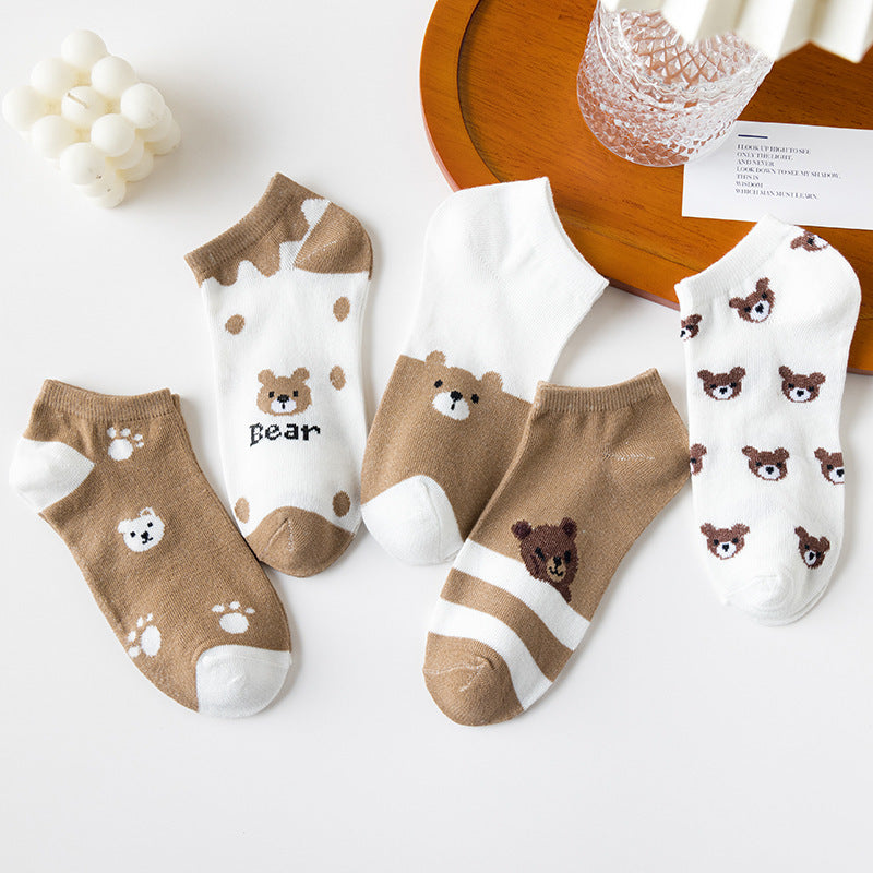 Cartoon Low-Cut Ankle Socks – Cute Bear & Strawberry Designs (5 Pairs)