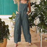 Boho Patchwork Printed Suspender Jumpsuit – Loose Cotton Wide-Leg One-Piece