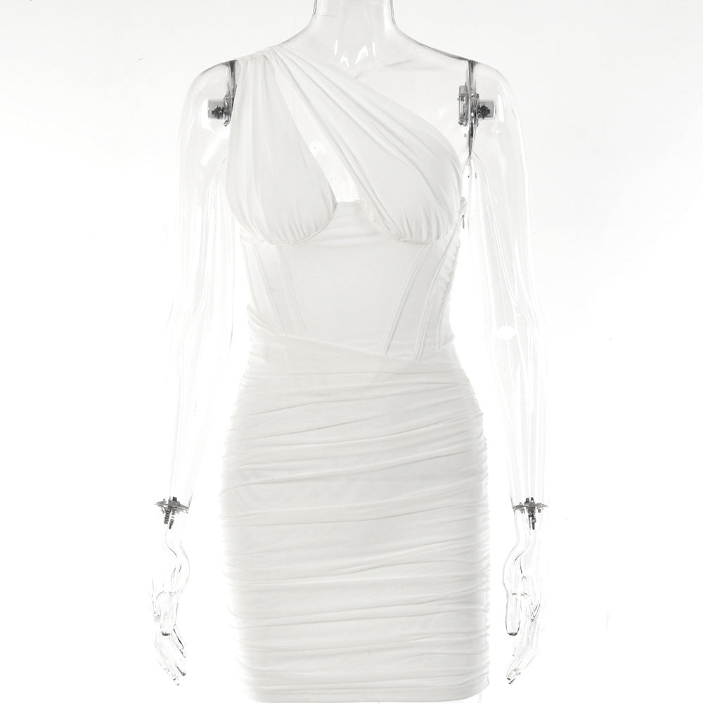 Pleated Mesh Bodycon Mini Dress – Sexy Round Neck Sleeveless Club Dress