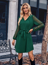 Women’s V-neck Tie Waist A-Line Dress – Elegant Long Sleeve Style