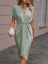 Summer Batwing Sleeve Dress Fashion V-neck Short Sleeve Pleated Dresses Womens Clothing