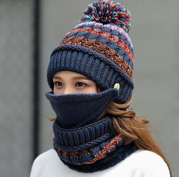 Korean Winter Knitted Wool Hat with Scarf – Striped Beanie Set