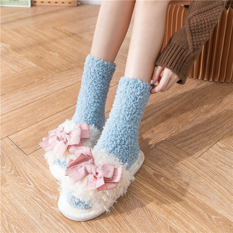 Sleeping Socks Home Women’s Coral Fleece Striped Mid-Calf Length Comfortable Socks