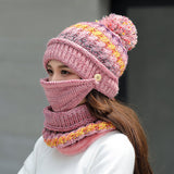 Korean Winter Knitted Wool Hat with Scarf – Striped Beanie Set
