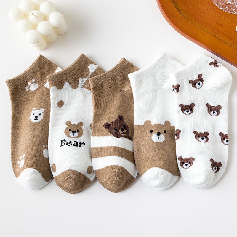Cartoon Low-Cut Ankle Socks – Cute Bear & Strawberry Designs (5 Pairs)