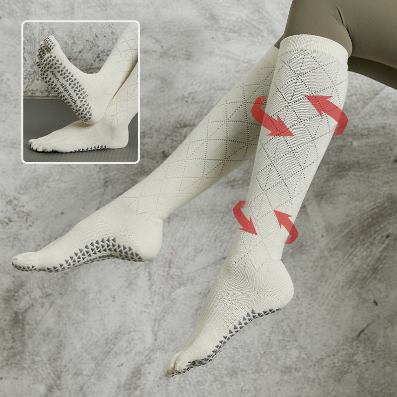 Women’s Non-Slip Long Sports Socks – Five-Finger Yoga & Pilates Cotton Stockings