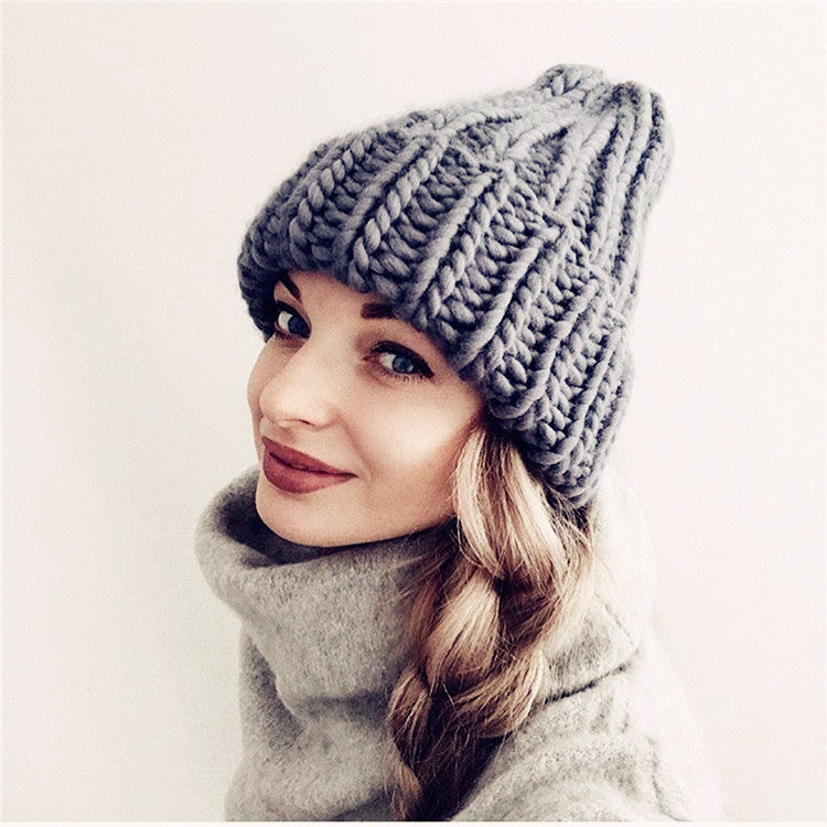 Women’s Thick Knitted Wool Beanie – Solid Color Winter Hat