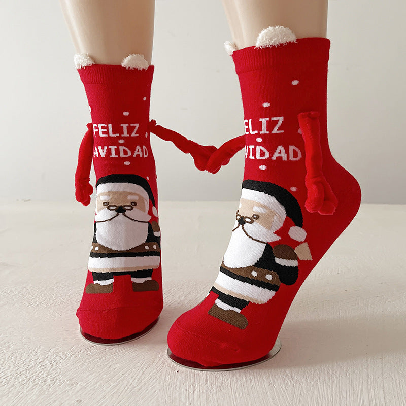 Christmas Magnetic Couple Socks – Cute Elk, Santa & Snowman Hand-Holding Design