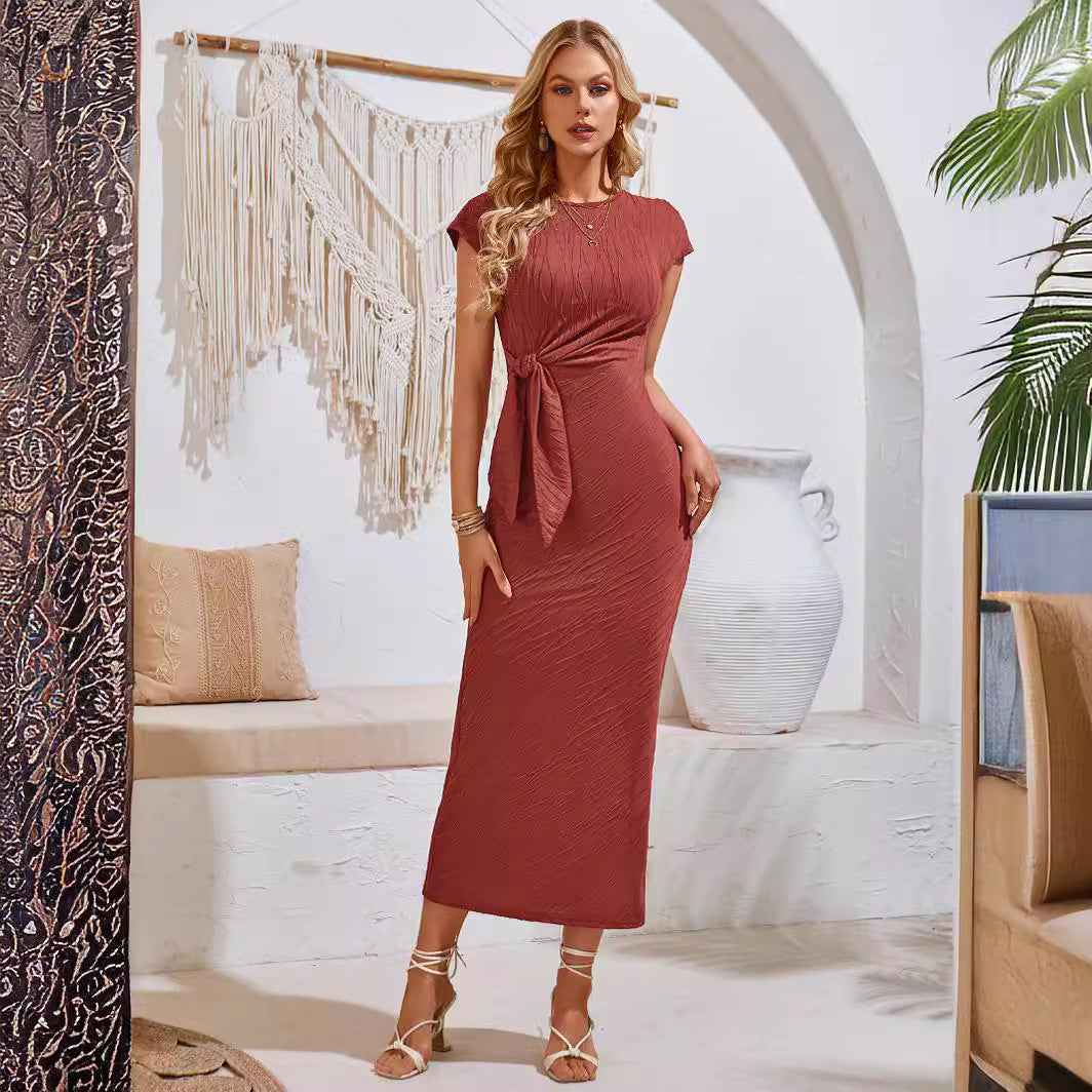 Women's Fashion Casual Solid Color Round Neck Waist Trimming Knitted Lace-up Dress