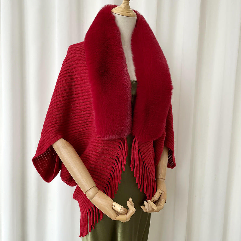 Solid Knit Cashmere-Feel Shawl – Winter Wrap with Tassels