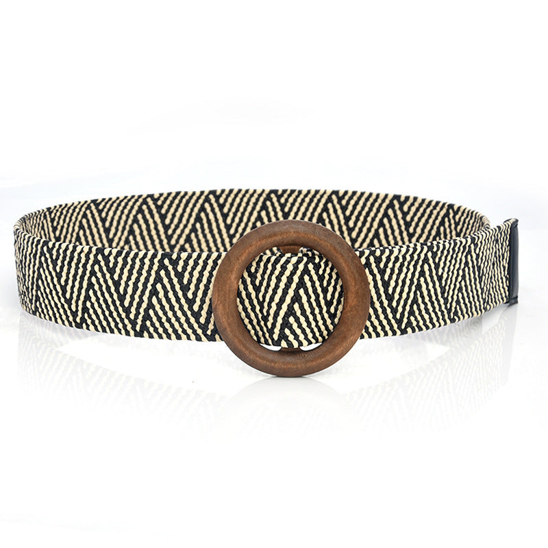Boho Woven Waist Belt – Wide Linen-Inspired Belt with Round Buckle