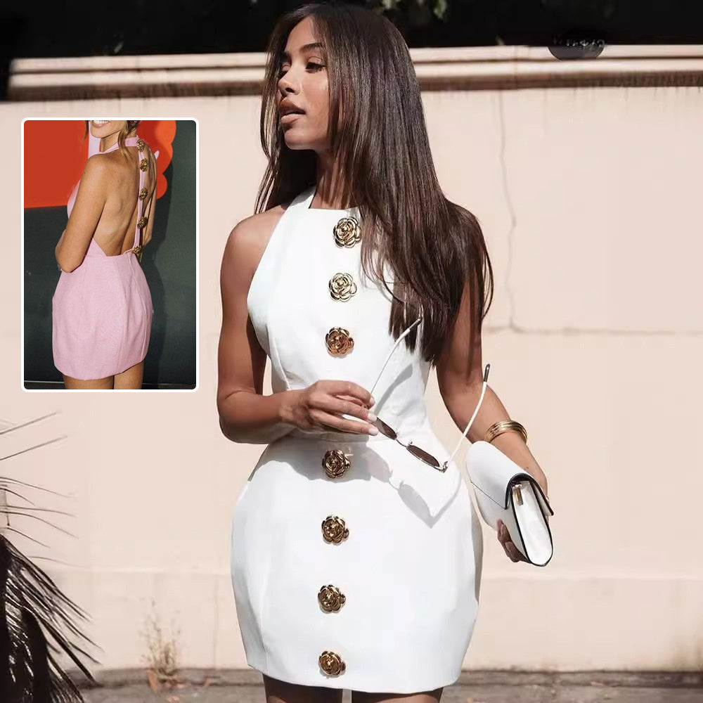 Chic Sleeveless Mini Dress with Rose Button Design – Backless Summer Streetwear