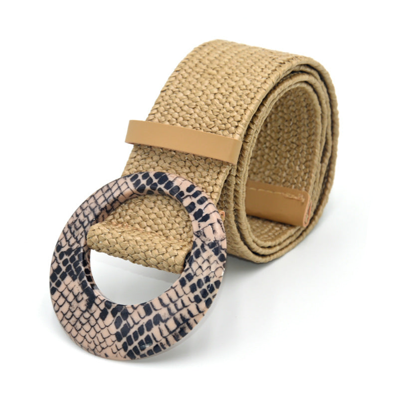 Boho Woven Waist Belt – Wide Linen-Inspired Belt with Round Buckle