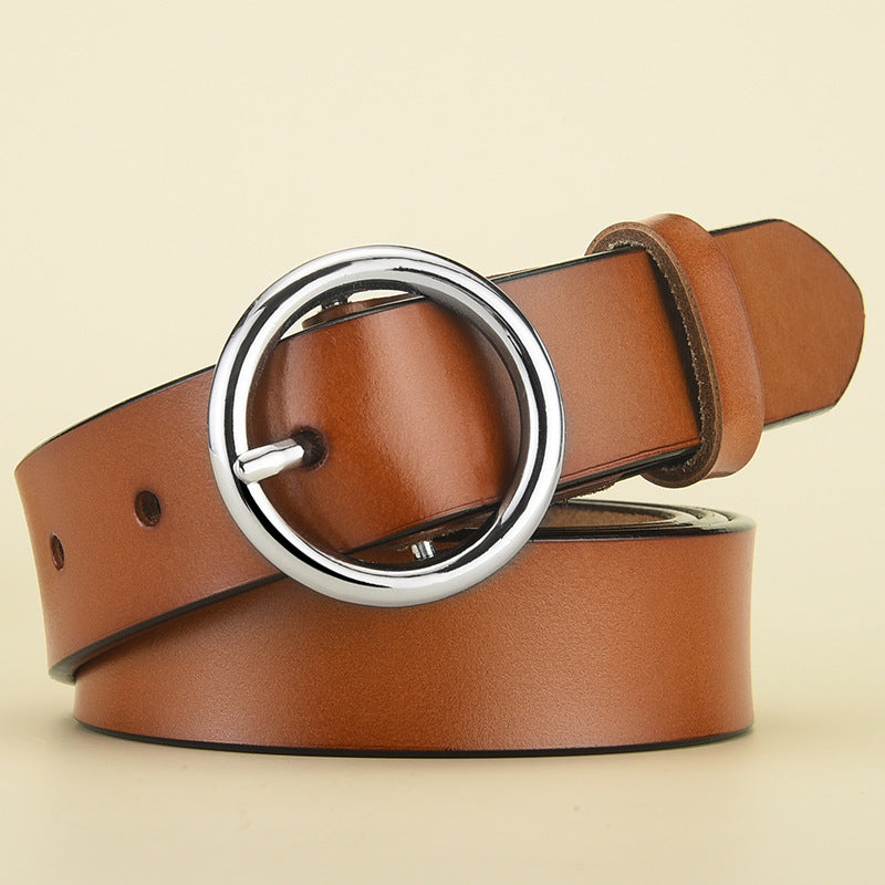 Round Buckle Leather Belt – Classic Cowhide Waistband for Women