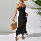 Cutout Tassel Maxi Dress – Sleeveless Knitted V-Neck Sling Beach Dress