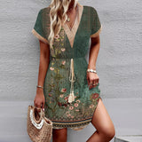 Printed Lace V-Neck Dress – Short Sleeve Tight Waist Swing Dress