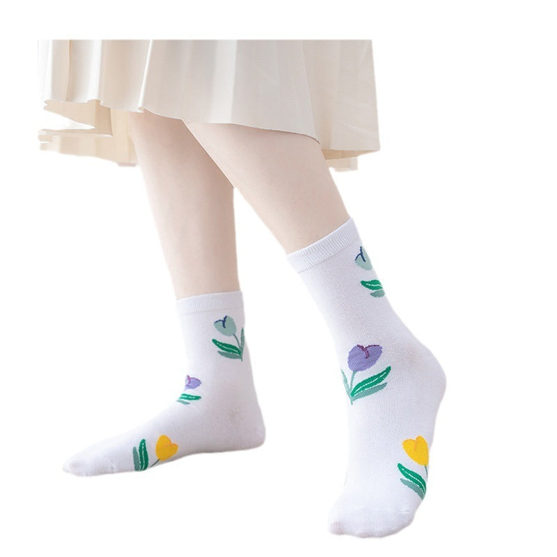 Women’s Autumn Morandi Mid-Calf Socks – 5 Pairs Combed Cotton Set