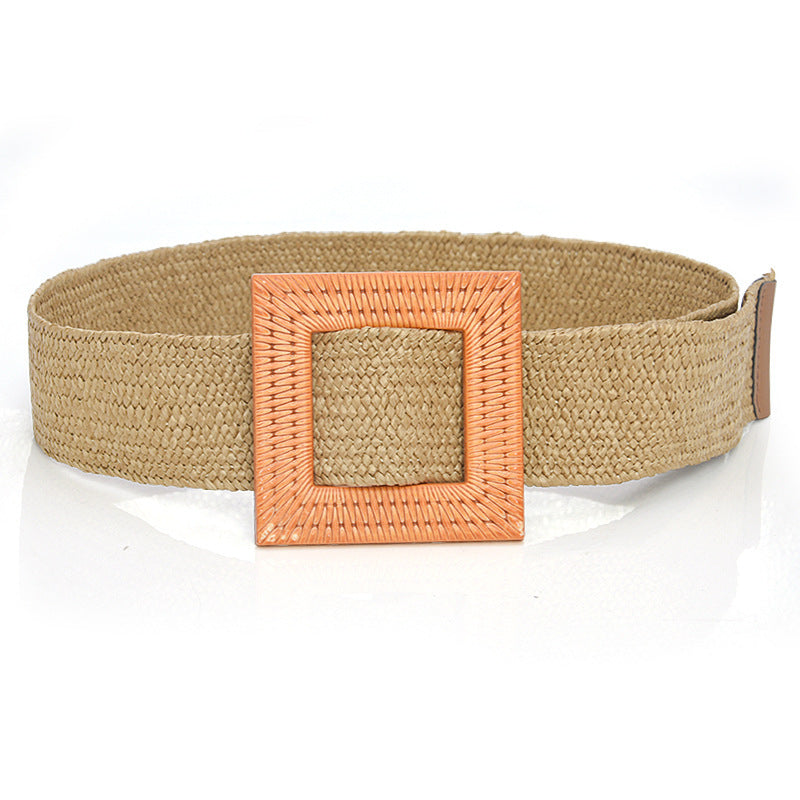 Boho Woven Waist Belt – Wide Linen-Inspired Belt with Round Buckle