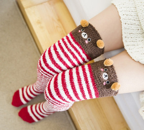 Super Cute Fuzzy Knee-High Socks – Cartoon Winter Style