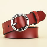 Round Buckle Leather Belt – Classic Cowhide Waistband for Women