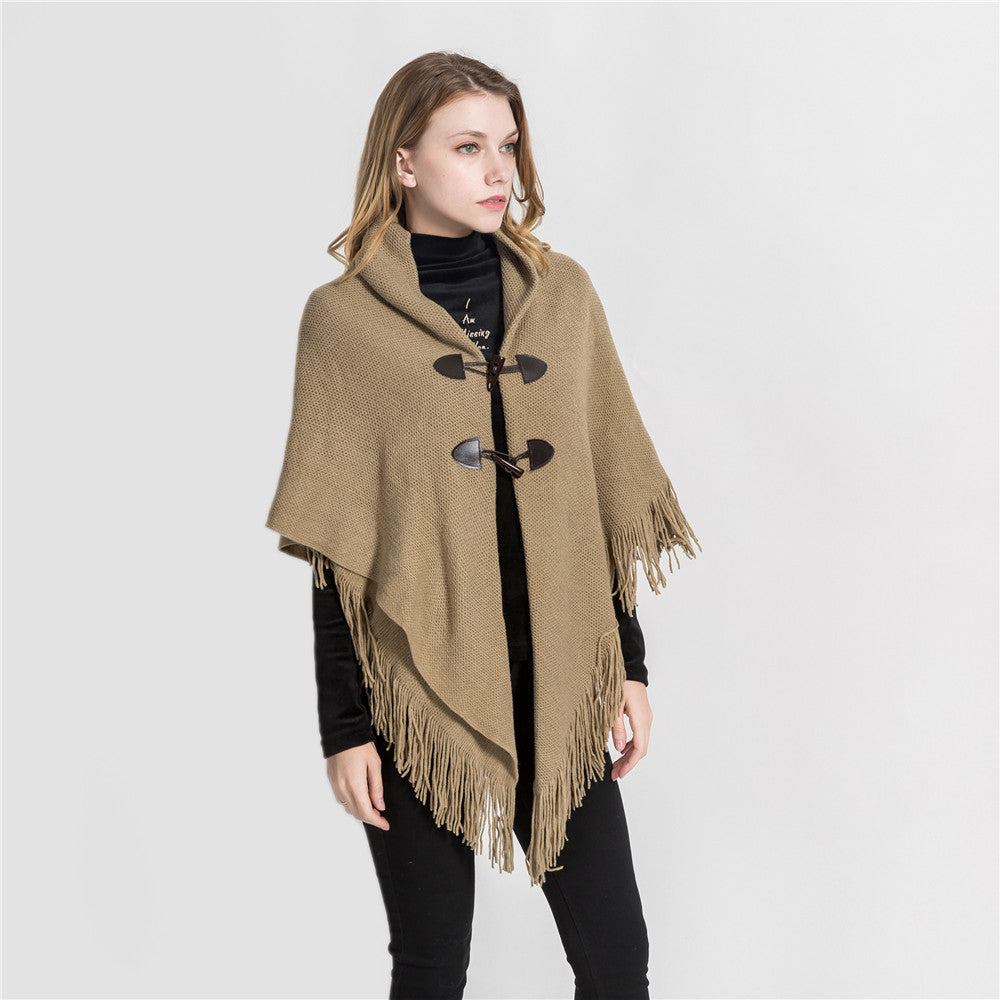 Hooded Knit Poncho Cape – Loose Fit Winter Cardigan with Toggle Closure