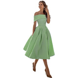 Women's Fashion Casual Strapless Satin Party Dress Off The Shoulder Tea Length Satin Prom Dresses With Pockts Formal Evening Party Dress