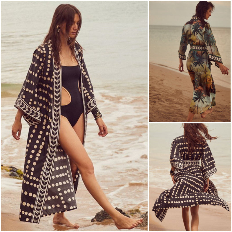 Beach Cardigan Long Sleeve Sun Protection Lace-Up Printing Bikini Cover Up
