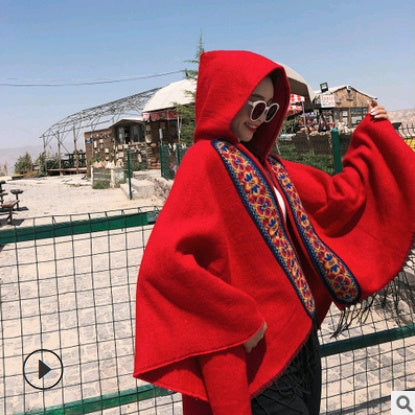 Ethnic Hooded Cloak Shawl – Embroidered Winter Wrap for Travel & Cold Weather
