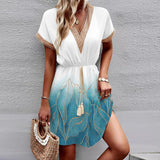 Printed Lace V-Neck Dress – Short Sleeve Tight Waist Swing Dress