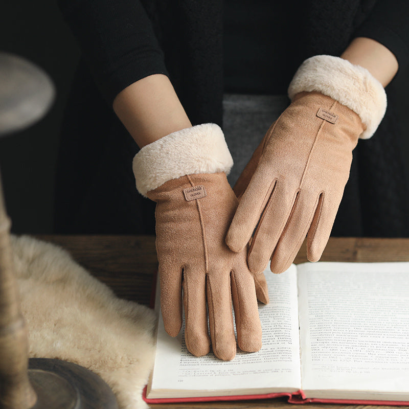 Retro Suede Touch Screen Winter Gloves – Warm Velvet Lined for Women