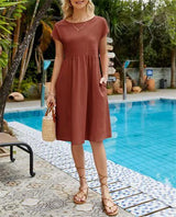 Summer Short-sleeved Dress With Pockets Fashion Solid Round Neck A-line Dresses For Women Clothing