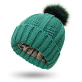 Women’s Satin-Lined Knit Beanie – Winter Pom Pom Hat