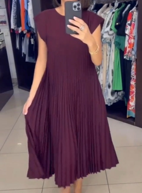 Women’s Pleated Long Summer Dress – Sleeveless Round Neck Maxi Dress