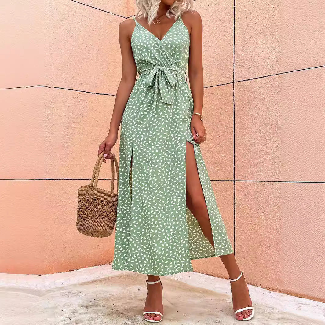 Floral V-Neck Suspender Maxi Dress – Lace-Up Summer Beach Long Dress