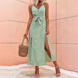 Floral V-Neck Suspender Maxi Dress – Lace-Up Summer Beach Long Dress