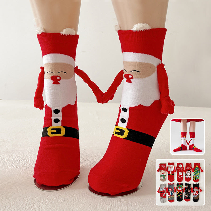 Christmas Magnetic Couple Socks – Cute Elk, Santa & Snowman Hand-Holding Design