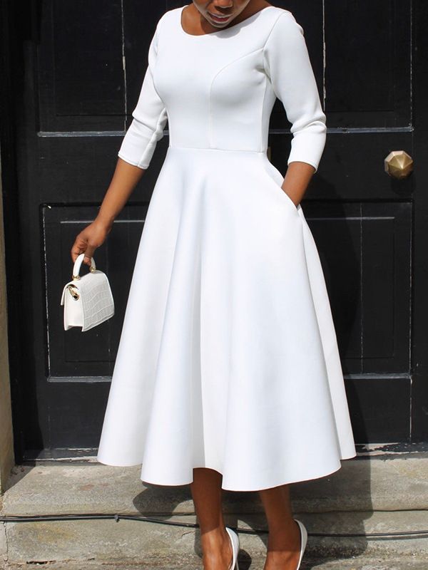 Women’s Solid Color Round Neck Long Sleeve Flared Hem Dress