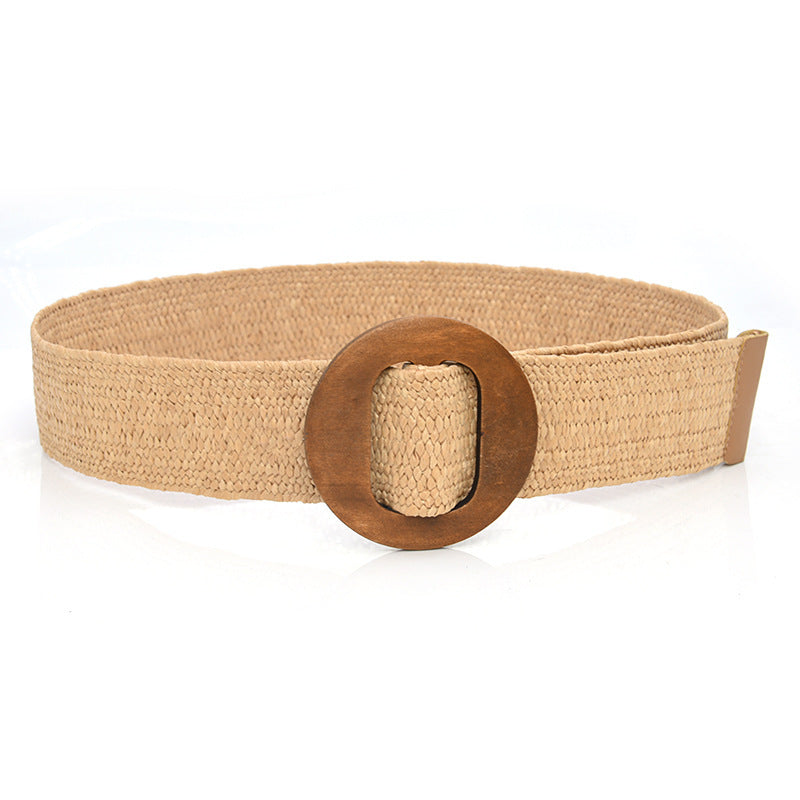 Boho Woven Waist Belt – Wide Linen-Inspired Belt with Round Buckle