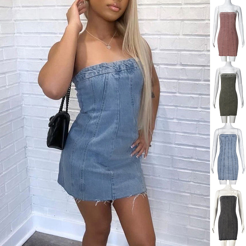 Trendy Backless Denim Tube Dress – Y2K Slim Mini Dress for Women
