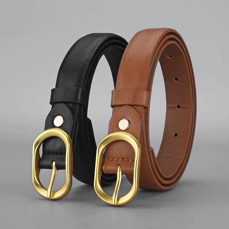 Oval Buckle Faux Leather Belt – Everyday Slim Waist Belt for Women