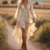 Women's Deep V-Neck Floral Print Long Sleeve Dress - Boho Elastic High Waist Dress With Asymmetrical Hem & Puff Cuffs
